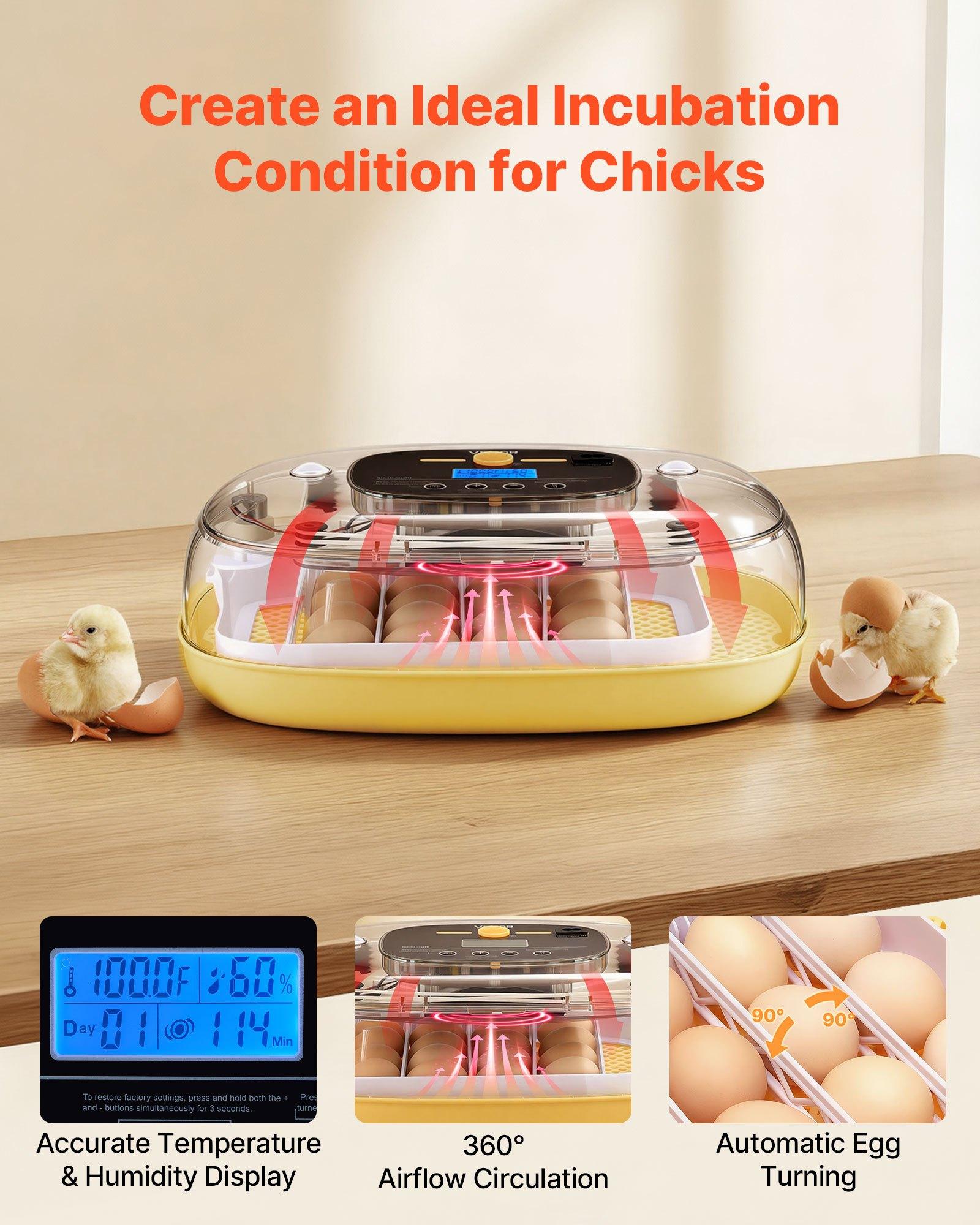 VEVOR 24 Egg Incubator, Automatic Egg Turner with LED Candler, Temperature & Humidity Control, 360 °   View Clear Window, Auto Water Refill, Poultry Eggs Incubators for Hatching Chicks Ducks Goose Quail