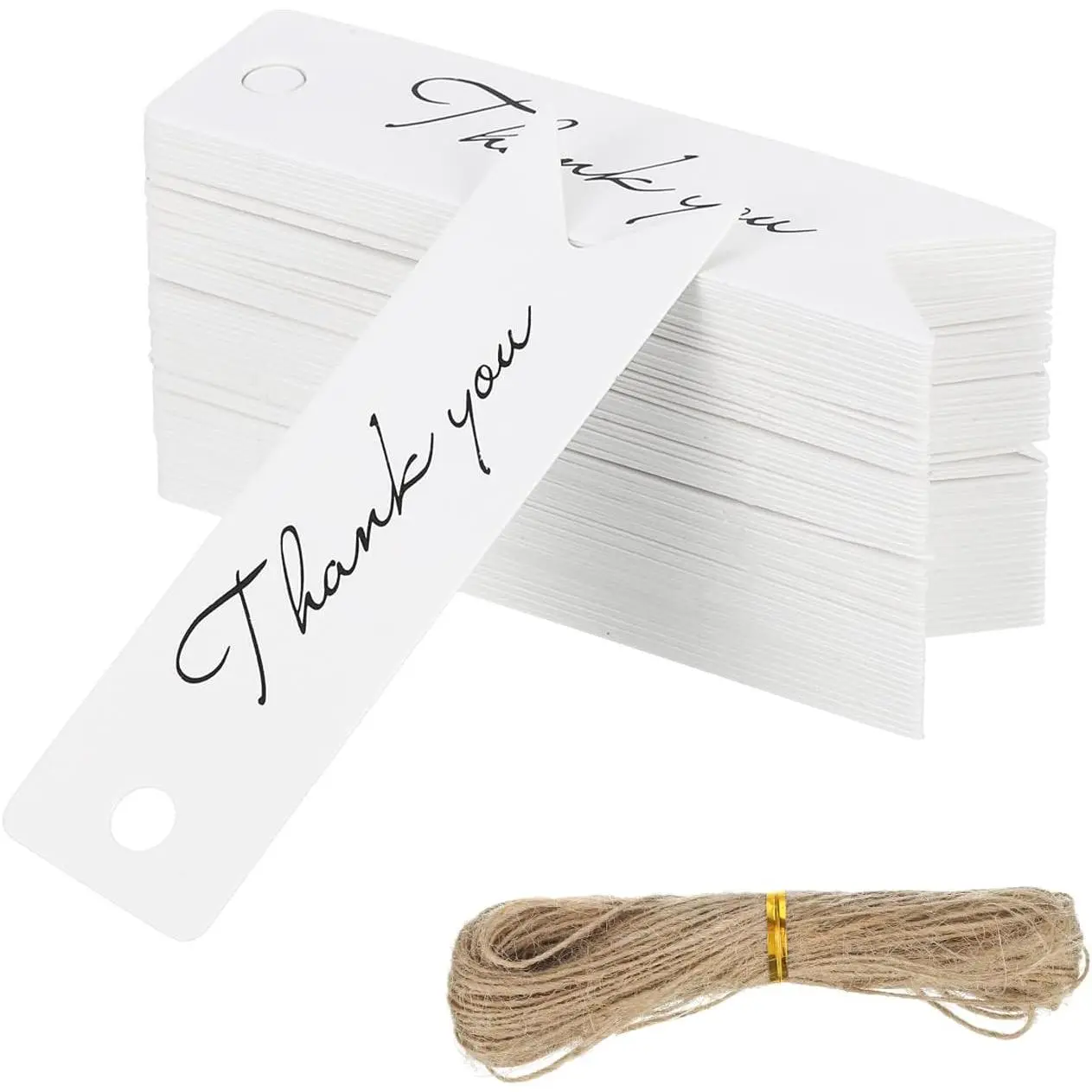 100 count Blank  Tags with String, 2.8x0.8 Inch  Paper Tags  Bags Tags Mini Thank You Label with Holes for Wedding Holiday Party Favor Clothes Craft, White