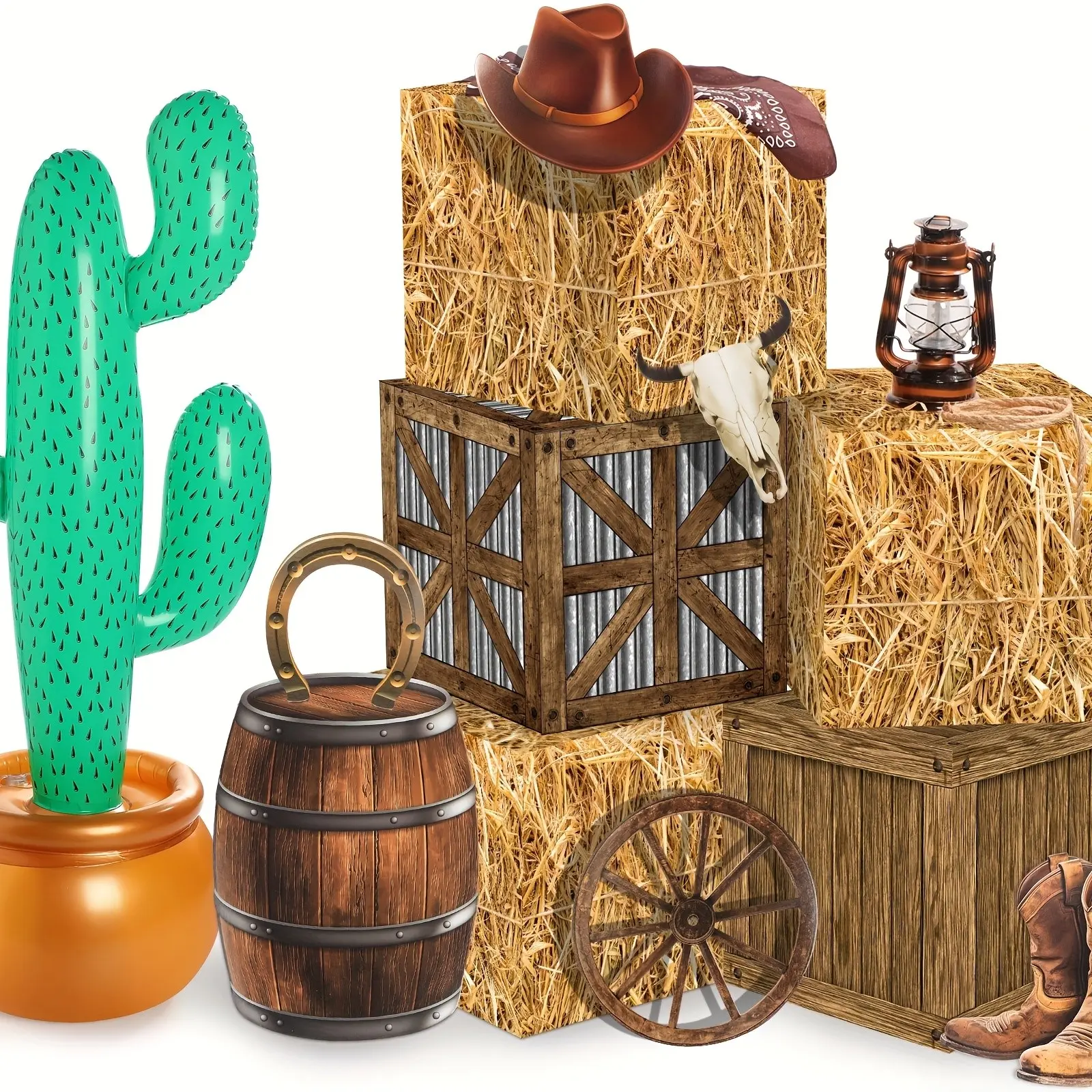 13pcs Western Cowboy Party Decorations, Photobooth Props for Party Events, with Inflatable Cowboy Centerpiece, Hay Bales, and Straw Crates - Farm-Themed Birthday Wedding Cowboy Silhouettes, Suitable for Halloween and Christmas Decorations