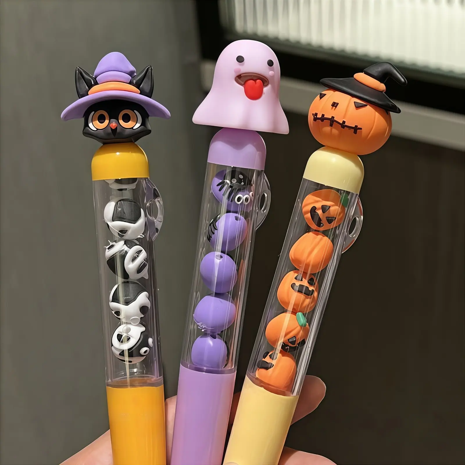 Halloween Rotating Neutral Pens, Smooth Quick-Dry Ink, 3D Cartoon Beaded Pen Rods, Stress Relief Fun Design, Ghost Pumpkin Beads Pens, Cute Pens, Aesthetic Pens