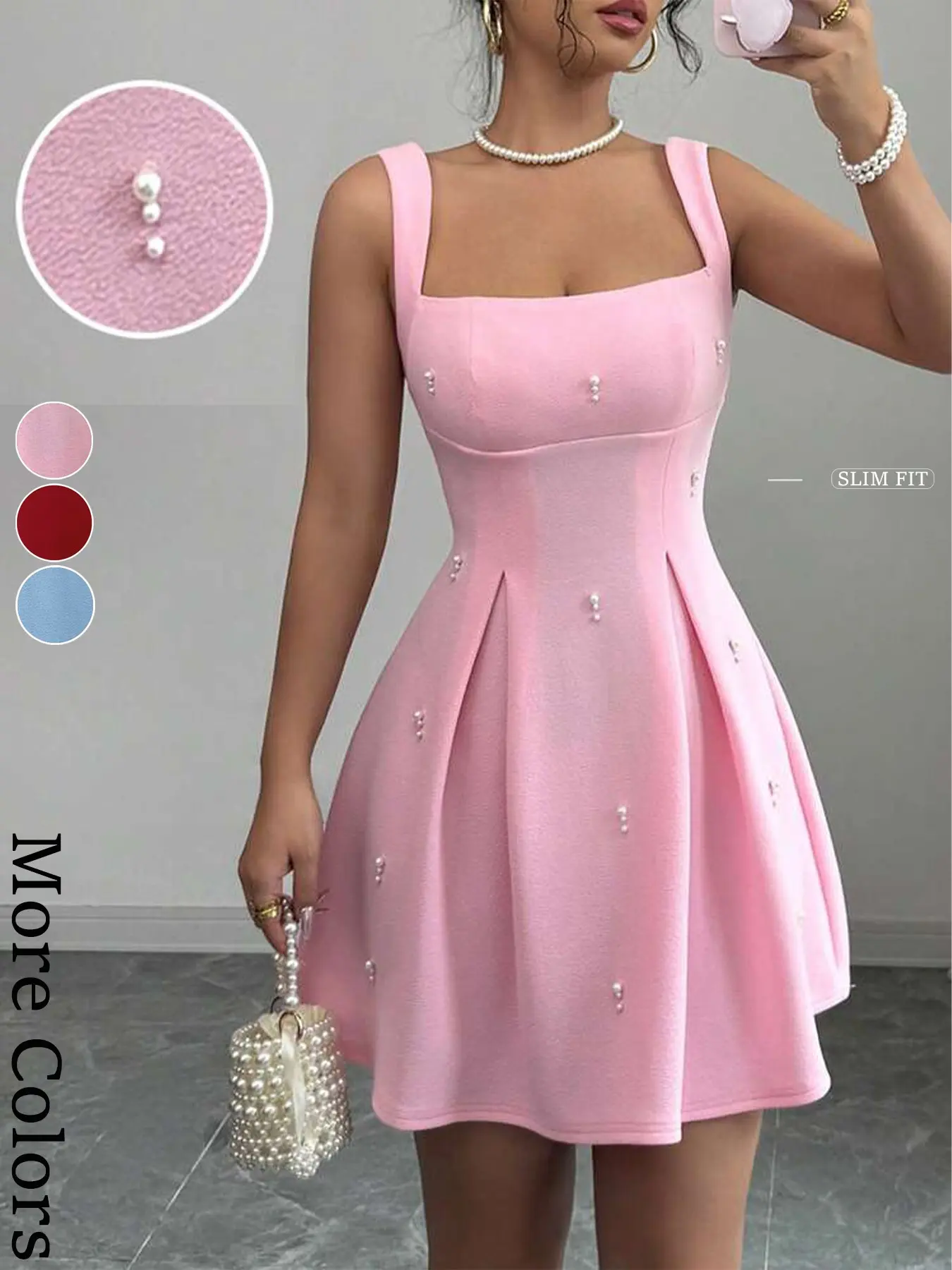 Ladies' pink A-line short skirt, square neckline dress, pure erotic camisole dress, pearl studded diamond, sweet and spicy style, Chic, Small stature makes you look taller, ballet style, suitable for spring, summer, date/party/bridesmaid dress, Womenswear