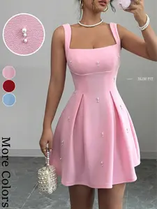 Ladies' pink A-line short skirt, square neckline dress, pure erotic camisole dress, pearl studded diamond, sweet and spicy style. Small stature makes you look taller, ballet style, suitable for spring, summer, autumn, date/party/bridesmaid dress