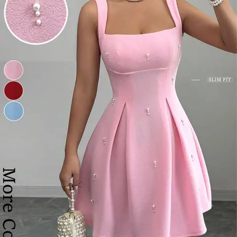Ladies' pink A-line short skirt, square neckline dress, pure erotic camisole dress, pearl studded diamond, sweet and spicy style, Chic, Small stature makes you look taller, ballet style, suitable for spring, summer, date/party/bridesmaid dress, Womenswear