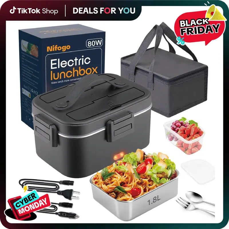 1.8L Modern Thermal Electric Lunch Box for Adults & Office Workers - Stainless Steel-Plastic Leak-Proof Single Container with Fork, Spoon, Insulated Bag, Tableware Accessories, 12V-24V-110V Portable Kitchenware for Car/Office