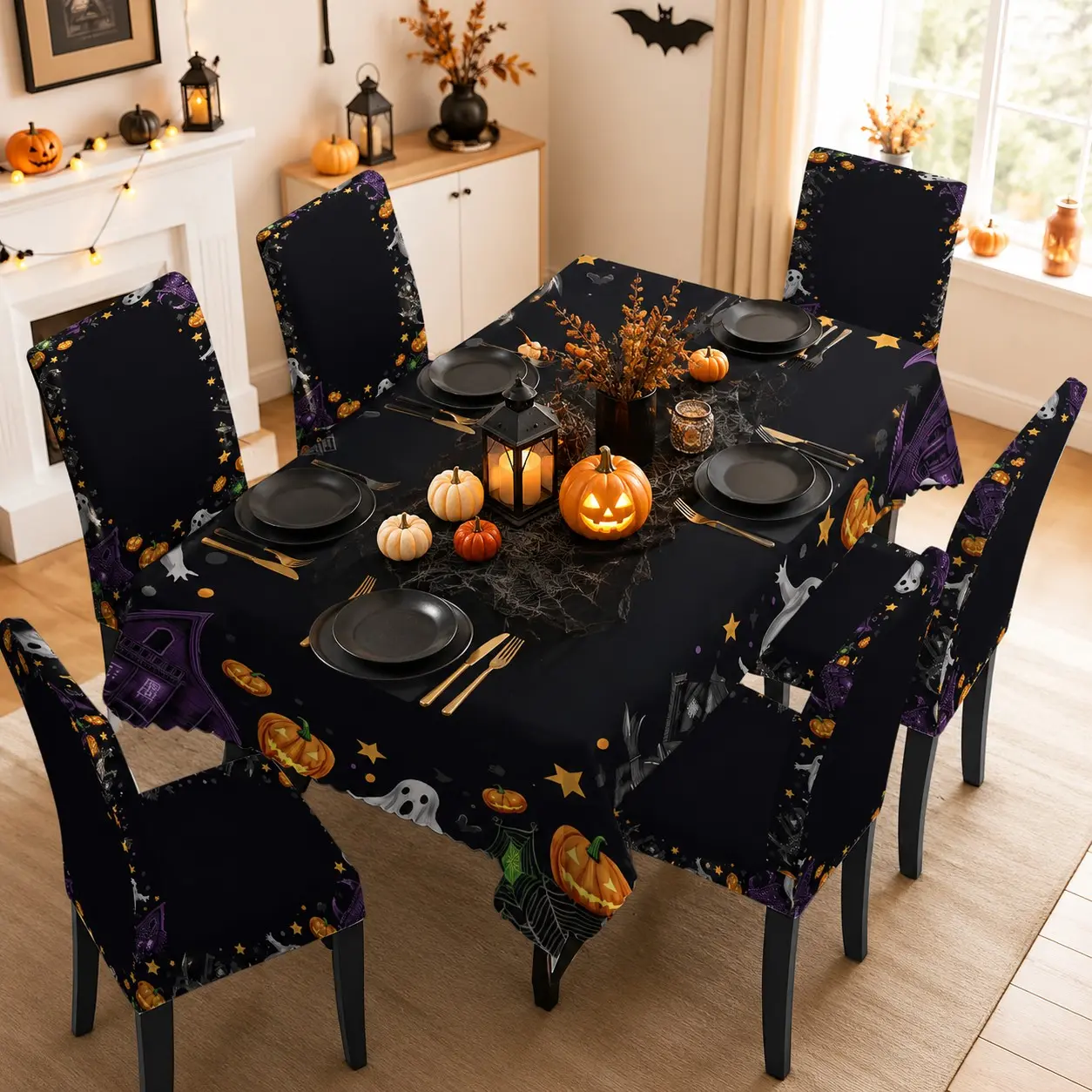 5/7 Pcs Border Ghost Pumpkin Witch Hat Black Halloween Print Tablecloth & Chair Cover Set, Party Decoration Supplies, Stretch Removable Washable Dining Chair Slipcover, For Halloween Parties, Family Gatherings