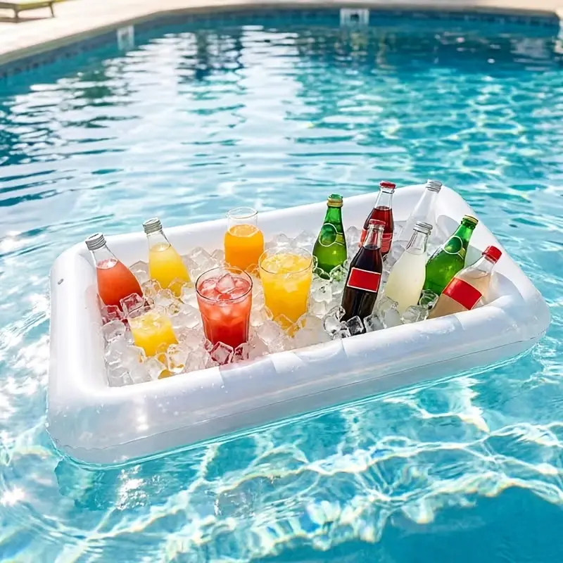 1 Pc Extra Large Inflatable Ice Bar Cooler Tray, Picnic Essentials, Summer Party, 51×23 Inch Waterproof Floating Drink Buffet with Quick Inflate & Drain Plug, Holds Ice, Beer, Fruits & Snacks, Ideal for BBQ, Picnic, Pool Party, Backyard Gatherings