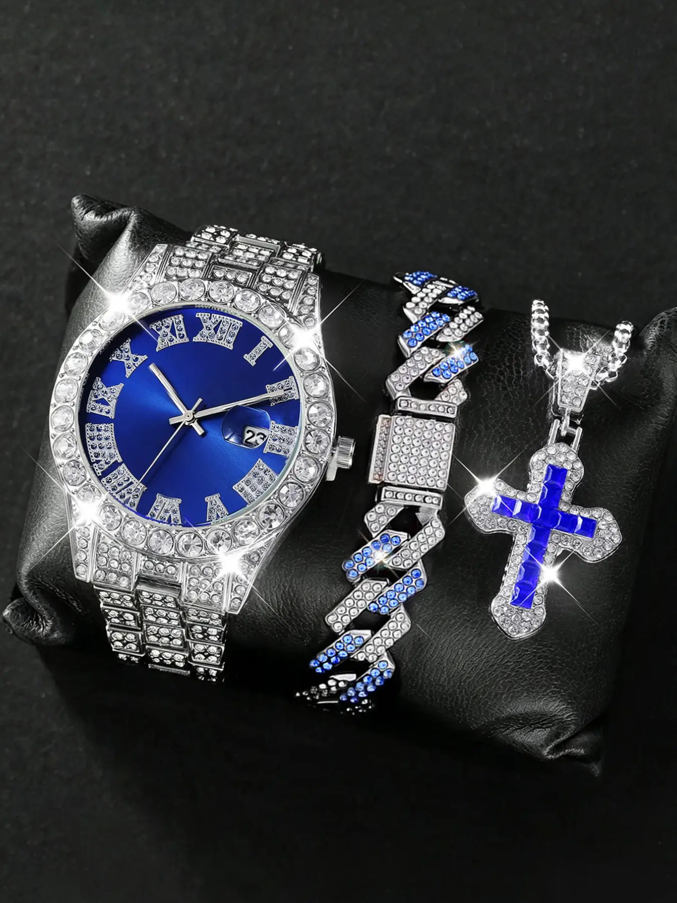 Men's Luxury Quartz Watch Set, Hip Hop Cuban Bracelet & Cross Pendant Necklace, Fashionable Street Style, Perfect Gift for Men
