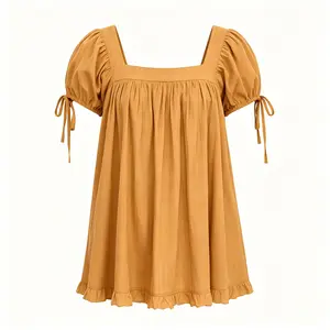 2026 New Women Square Neck Ruffle Tie Front Short Sleeve Blouse, European American Casual Cropped Knot Hem Shirt, Fashion Loose Fit Daily Going Out Tops for Summer
