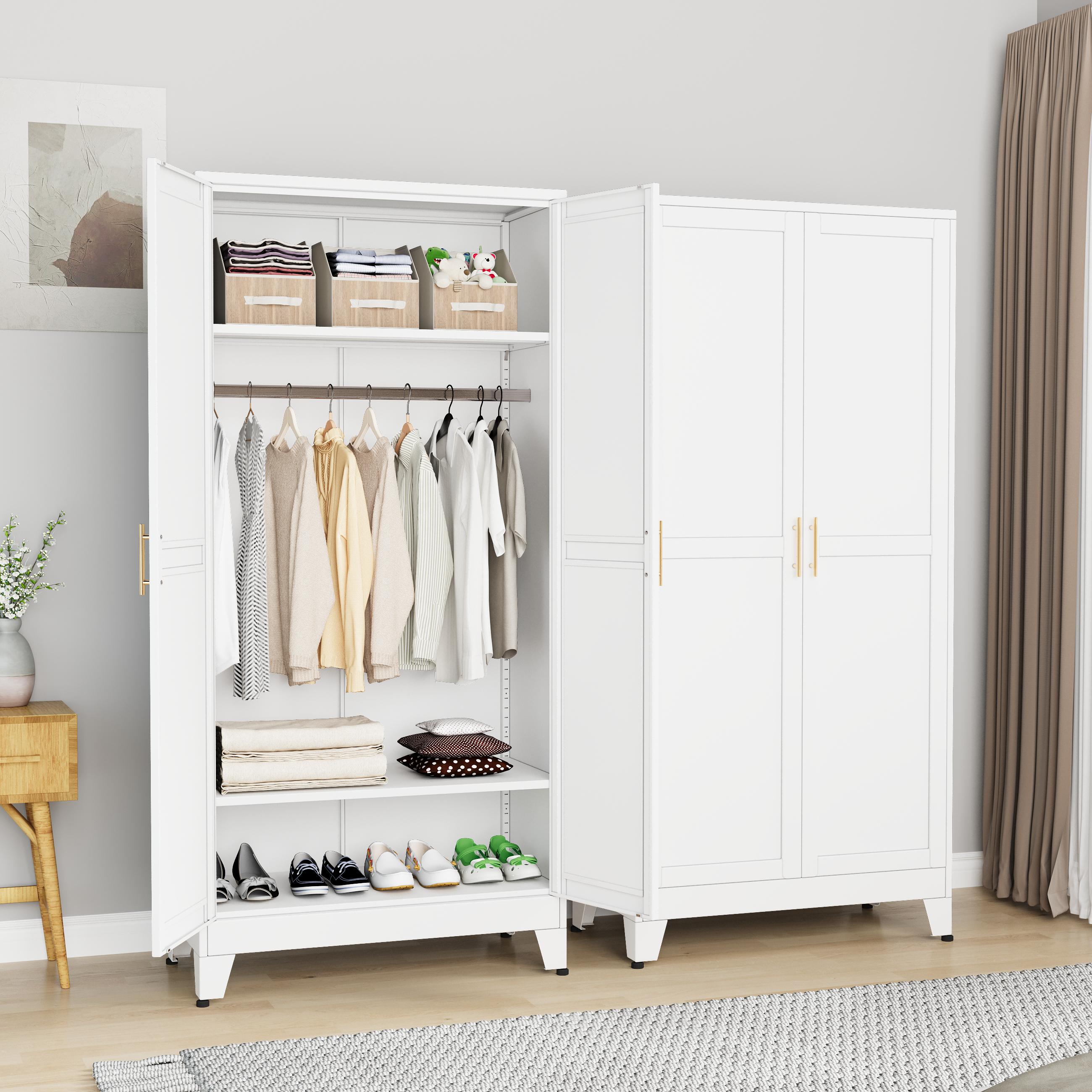 Metal Wardrobe Cabinet with Hanging Rod, 71" Metal Clothing Storage Cabinets with 2 Doors and Adjustable Shelves, White Armoire Wardrobe Closet for Bedroom, Laundry Room, Cloak Room mothersdaygift