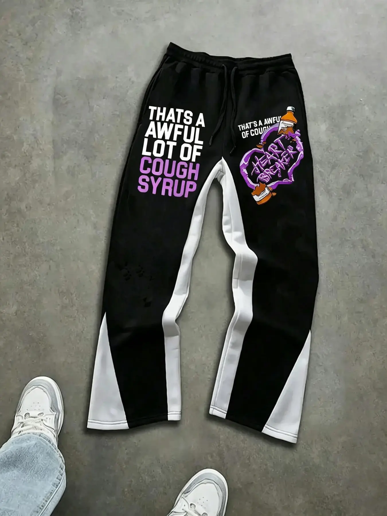 Y2K Urban Hip-Hop Graphic Sweatpants, Patchwork Flare Long Pants, Cartoon Print Drawstring Knit Sports Trousers, Casual Streetwear