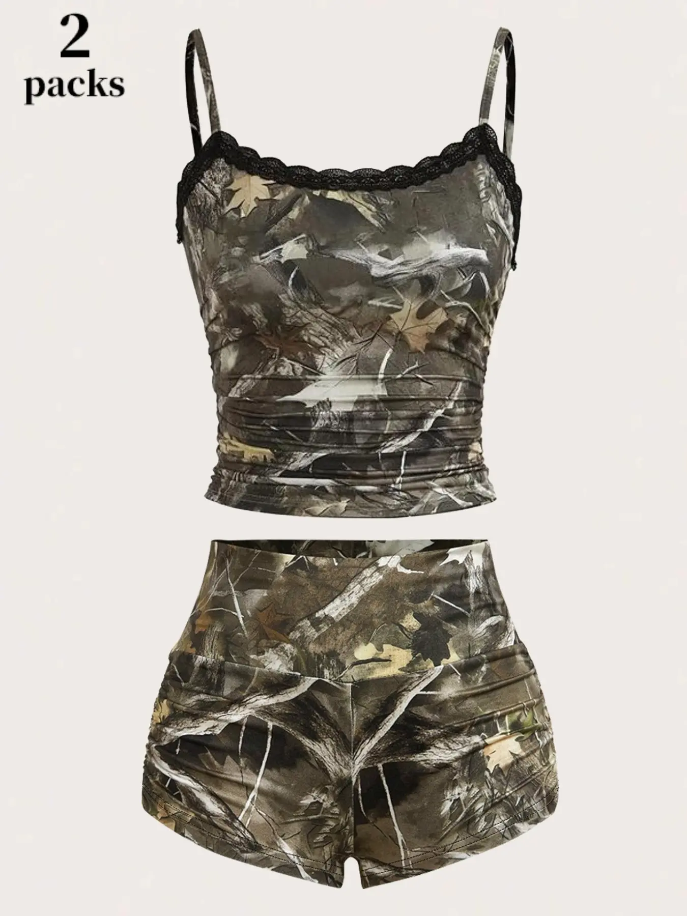 Women's Camouflage Print Spaghetti Strap Cami Camisole Top & Shorts Outfit Set, Casual Fitted Design Two-Piece, Cozy Daily Outdoor Wear, Ladies Clothes for All Seasons