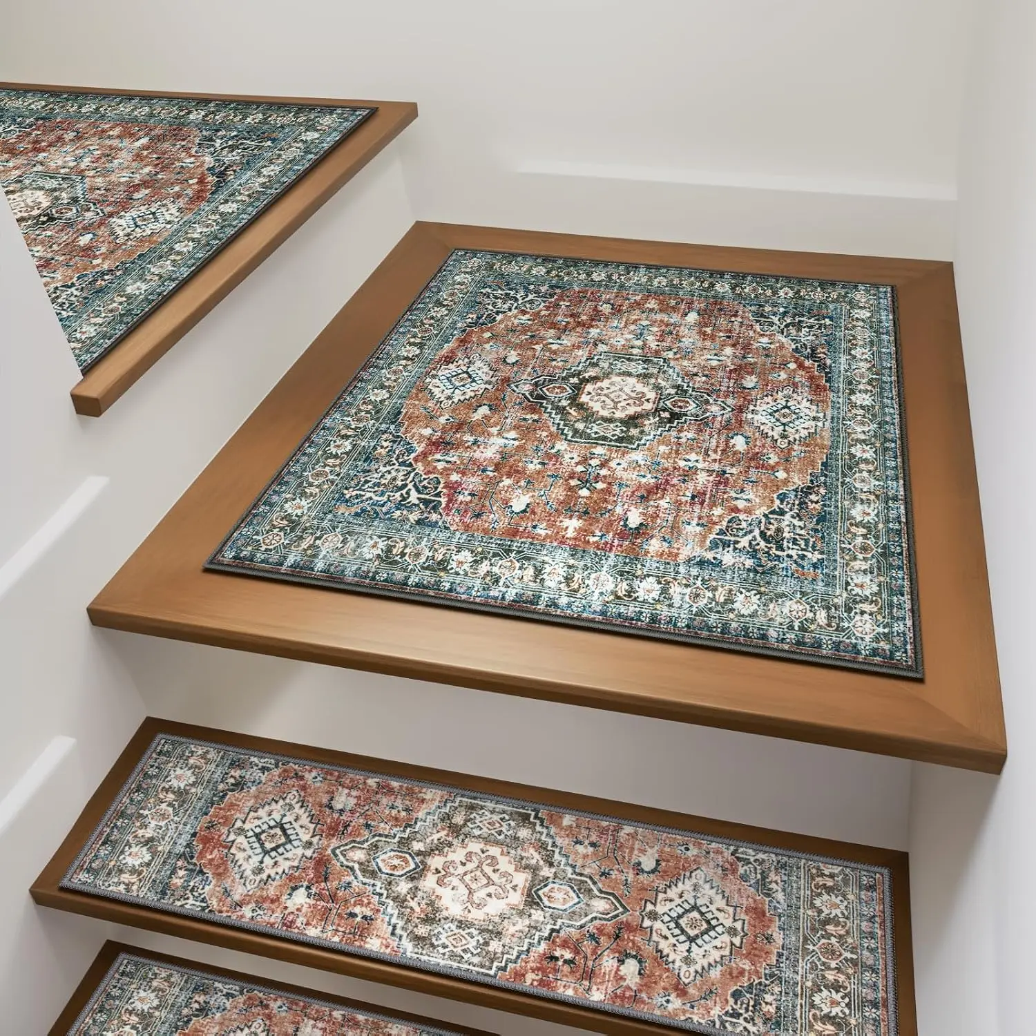Non-Slip Stair Treads Landing Mat for Wooden Steps 31"x31" Stair Mats | Square Anti-Slip Stair Carpet Treads Matching Mat Rubber Backing Stair Rugs Carpet for Stairs, Red