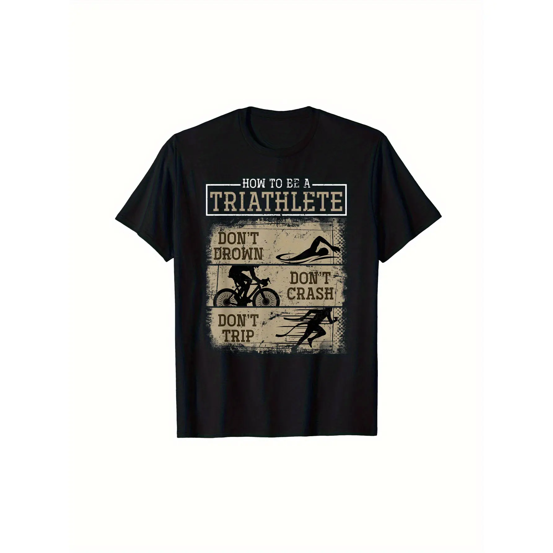 Men's Shortleeve Knitted Stretch Round Neck Regular Fit Triathlon T-Shirt - Casual "How to Be a Triathlete" Graphic Tee with Swim-Bike-Run Silhouettes, Breathable Athletic Top, Machine-Washable Black Training Menswear, Ideal Triathlete Gift