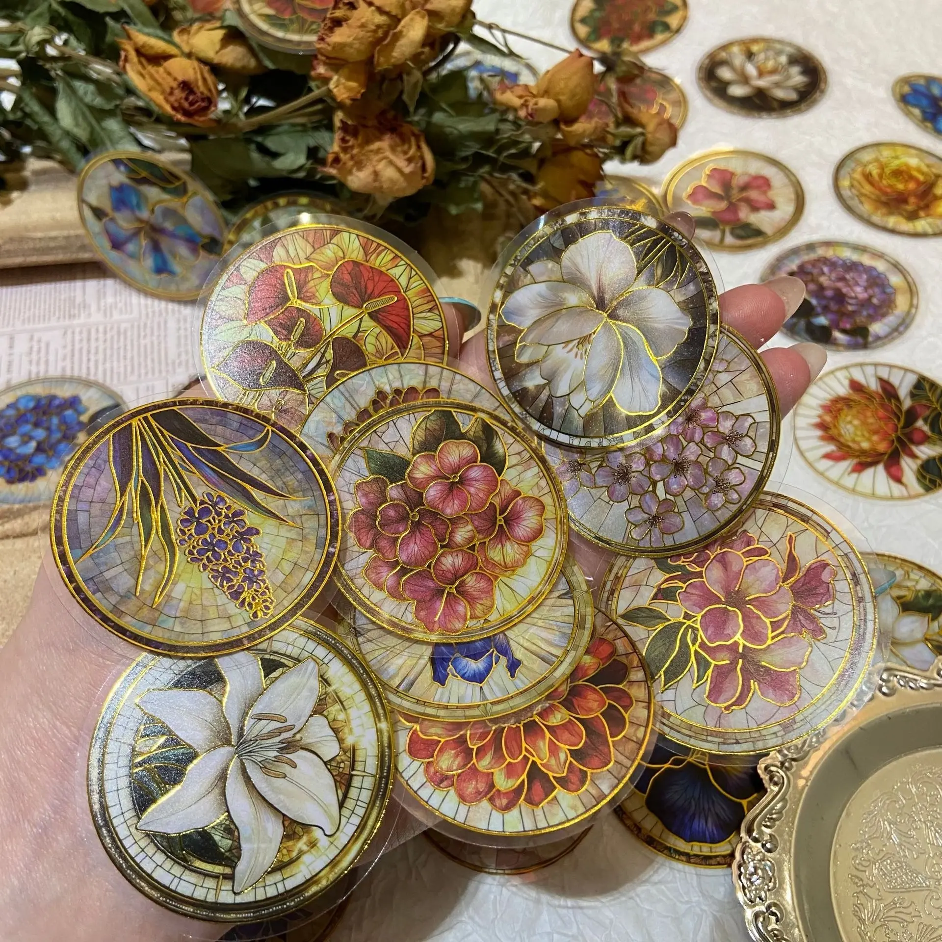 50pcs Cartoon Gold Foil Rainbow Round Glass Flower Sticker Pack, Waterproof Transparent Pet DIY Stickers for Journal, Guitar, Notebook Decor
