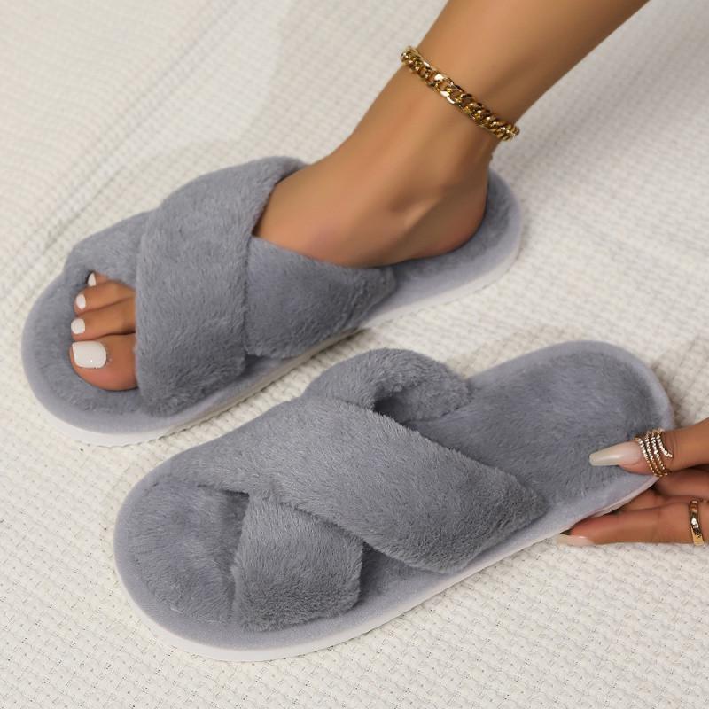 Popular Cross Furry Slippers Female Fluffy Slides Autumn Winter Outdoor Fashion EVA Light Flip Flops Sweat Soft Flat Shoes