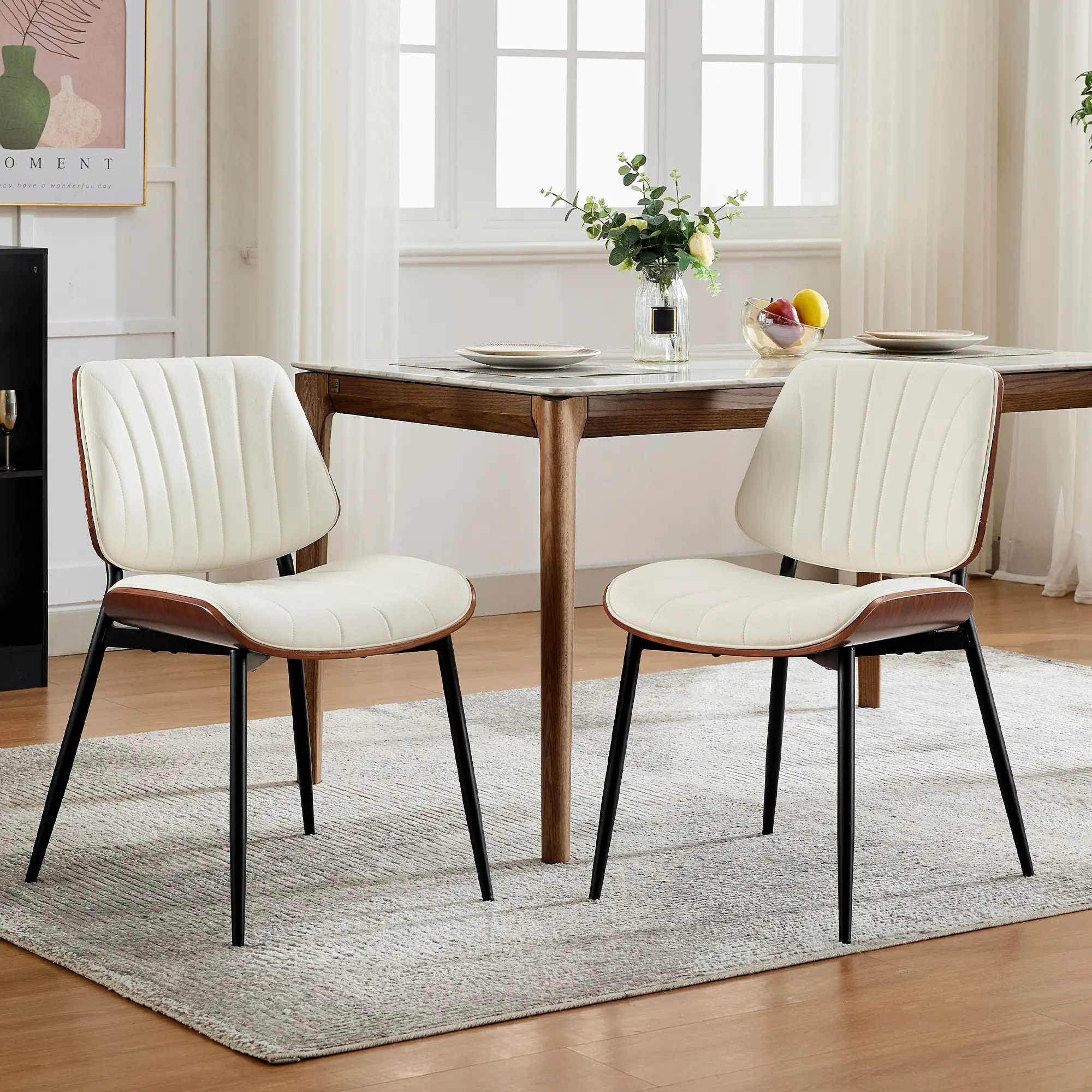 Set of 2 Modern Boho Dining Chairs, PU Leather Upholstered Chairs with Curved Walnut Backrest, Sturdy Metal Legs Ergonomic Accent Side Chairs Black
