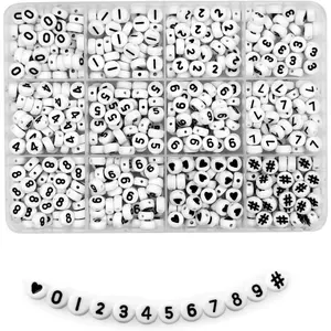 600Pcs 7x4mm White Acrylic Number Beads 0-9 with # Symbol & Heart Beads, Come with Storage Box