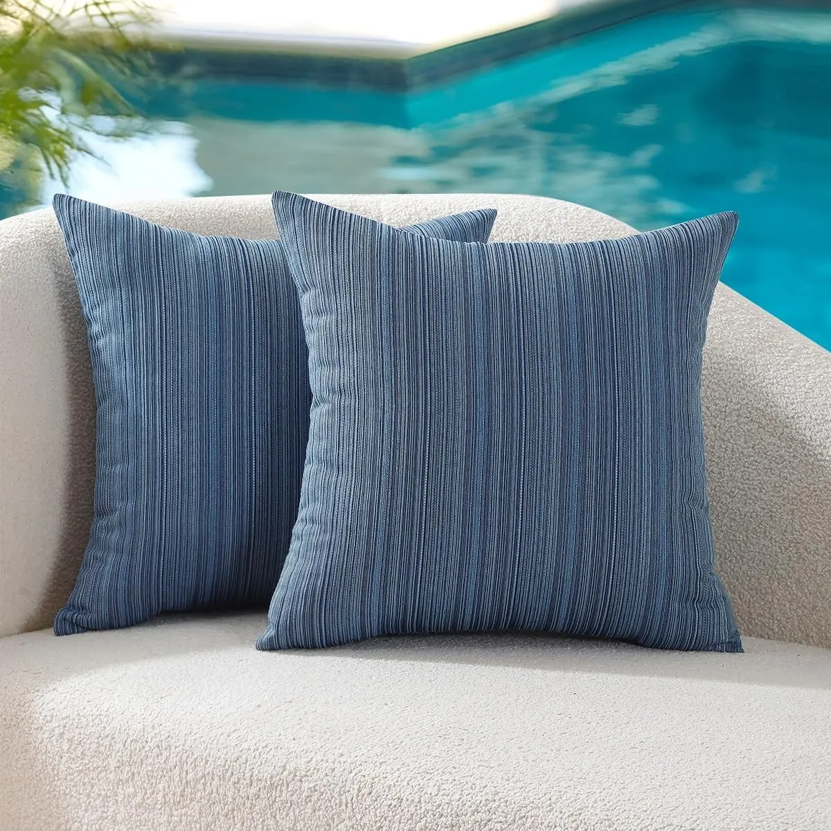 Outdoor Chenille Pillow Covers 18x18 Set of 2,Waterproof UV Fade Resistant Stripe Patio Pillow Cushion Covers for Furniture Decorative Porch Couch Throw Pillow Cases for Garden Bench Blue