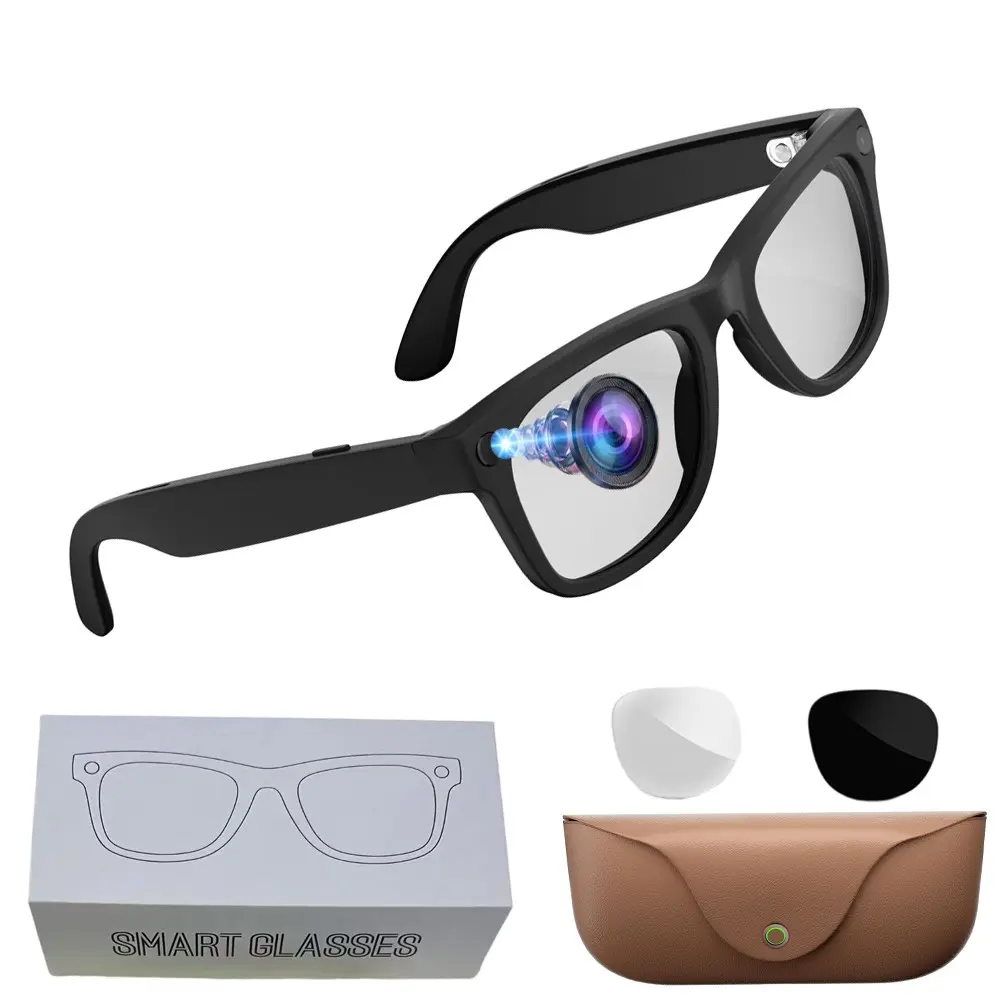 Bluetooth AI Smart Glasses with  8MP Camera,One Click Recording, 3280*2464Pixel Photo Capture, Bluetooth Call, Music Playback,Leather Charging Case, 2GB Memory,300Mah Battery, IP65 Waterproof, AI Translation (26 Languages), 2 Lenses Total
