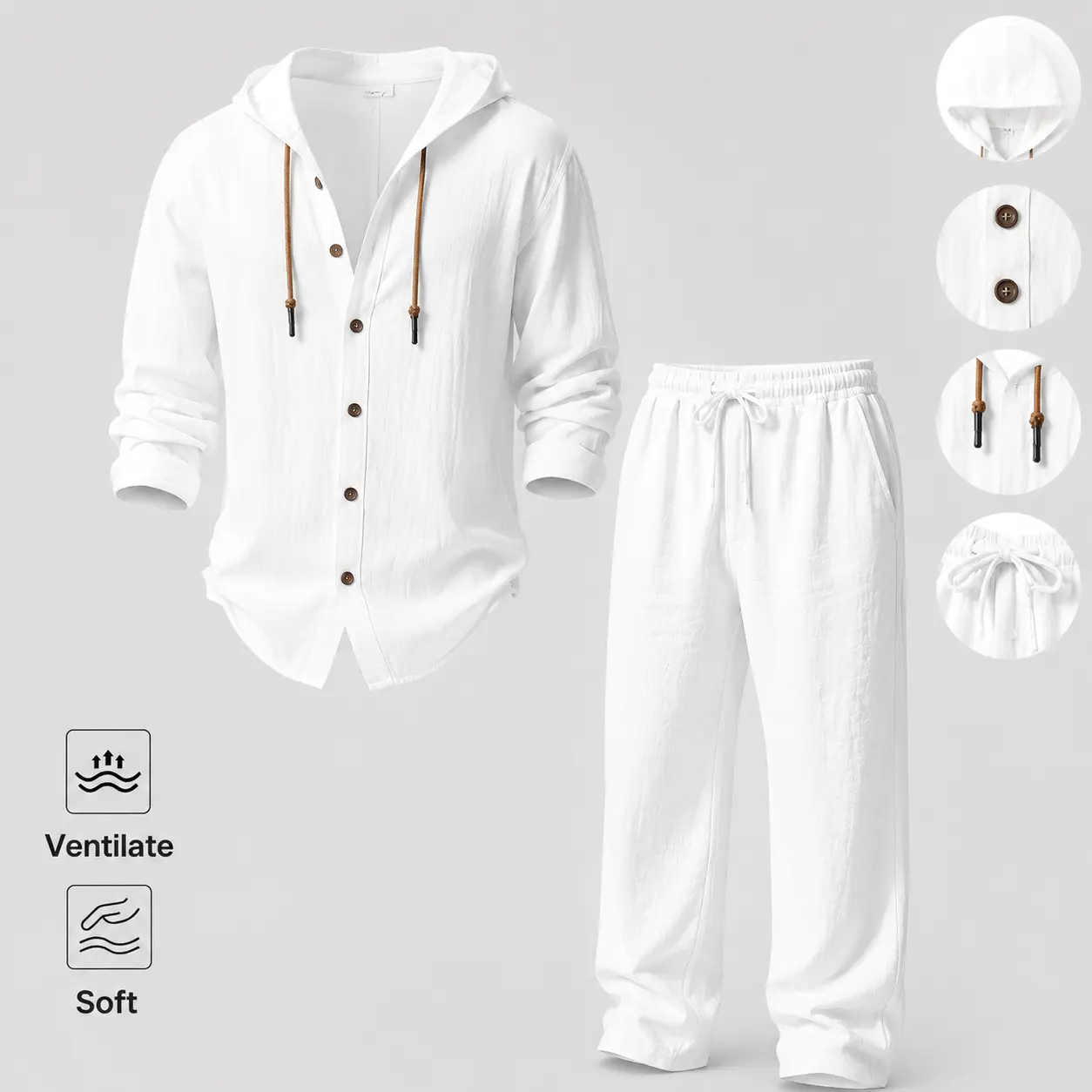 2-Piece Set Men's lightweight Trendy Hooded，Made From Soft Linen，Casual Vacation Style, Loose Fit Breathable Fabric,Long Hoodie & Wide-Leg Pants, Summer Wear outdoorfun Sweatshirt Clothes Fashion Trouser