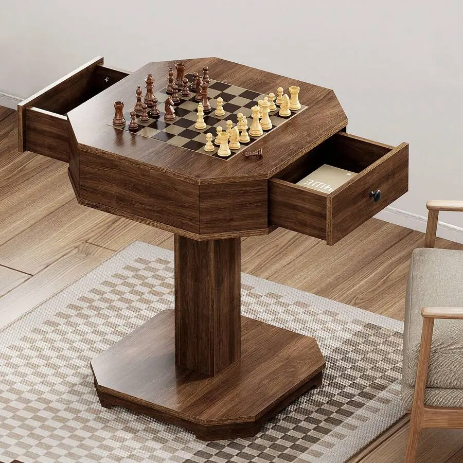 Chess Checkers Backgammon Table Set, Chess Table With 2 Drawers, Wooden Game Table Family Set, Dark Brown,Adjustable,Mobile,Standing,entryway,gaming,desk,office,,affordable,dining,bedroom,vanity,,coffee,dinner,home,use,,living,space,