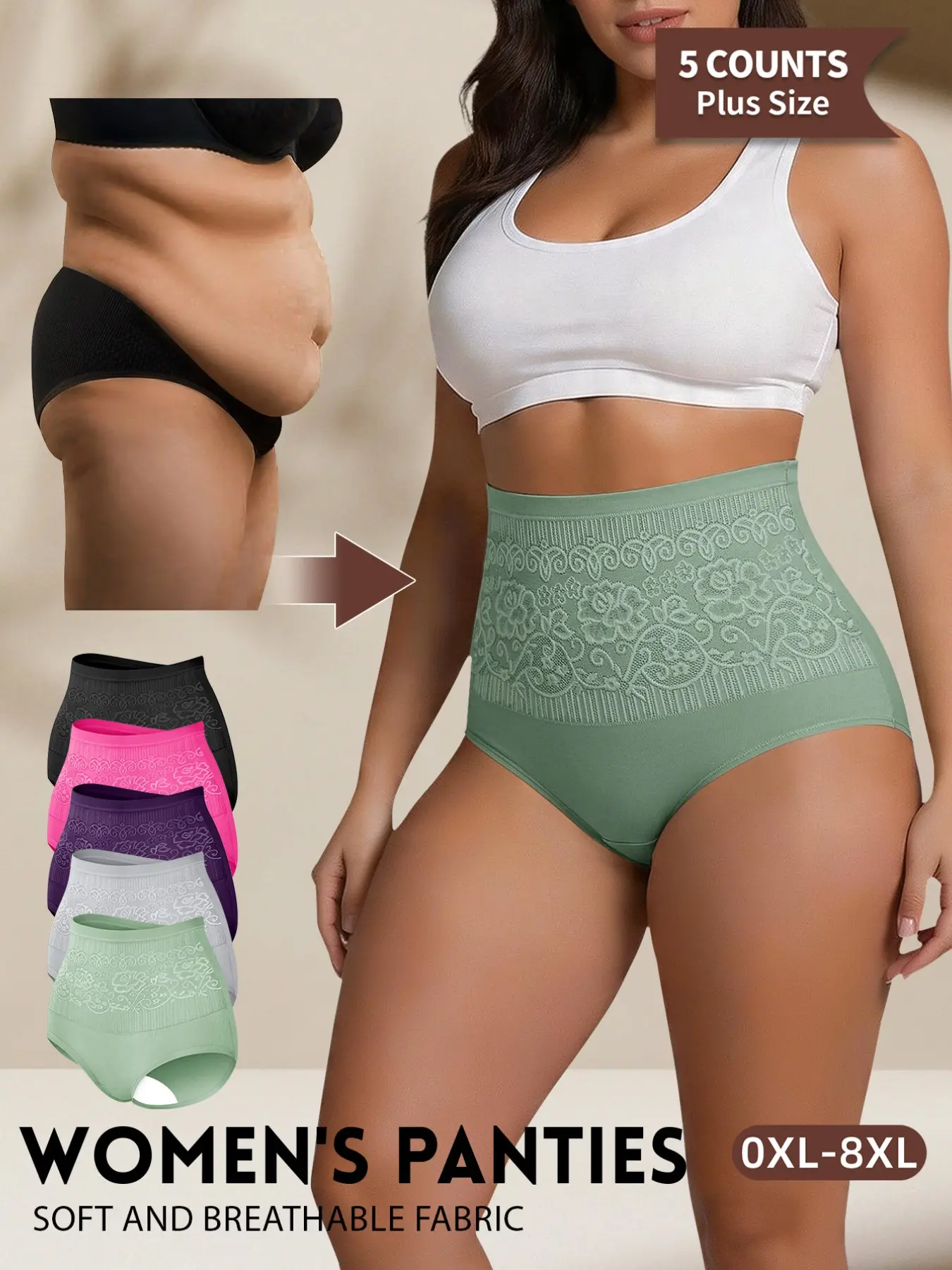 5-Pack Morelect High-Waisted Lace Shapewear Underwear Panties, 0xl-8xl, Waist Cinching, Breathable, Floral Pattern, Fitted, All Seasons, Casual