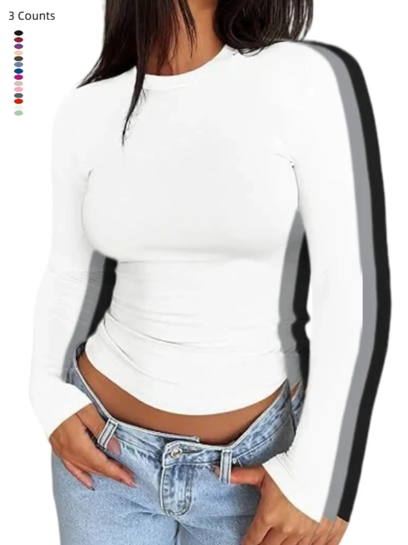 Women 1/3 Piece Crew Neck Long Sleeve Slim Fit Basic Tee, Casual Shaping Top, All Seasons, Plain Surface