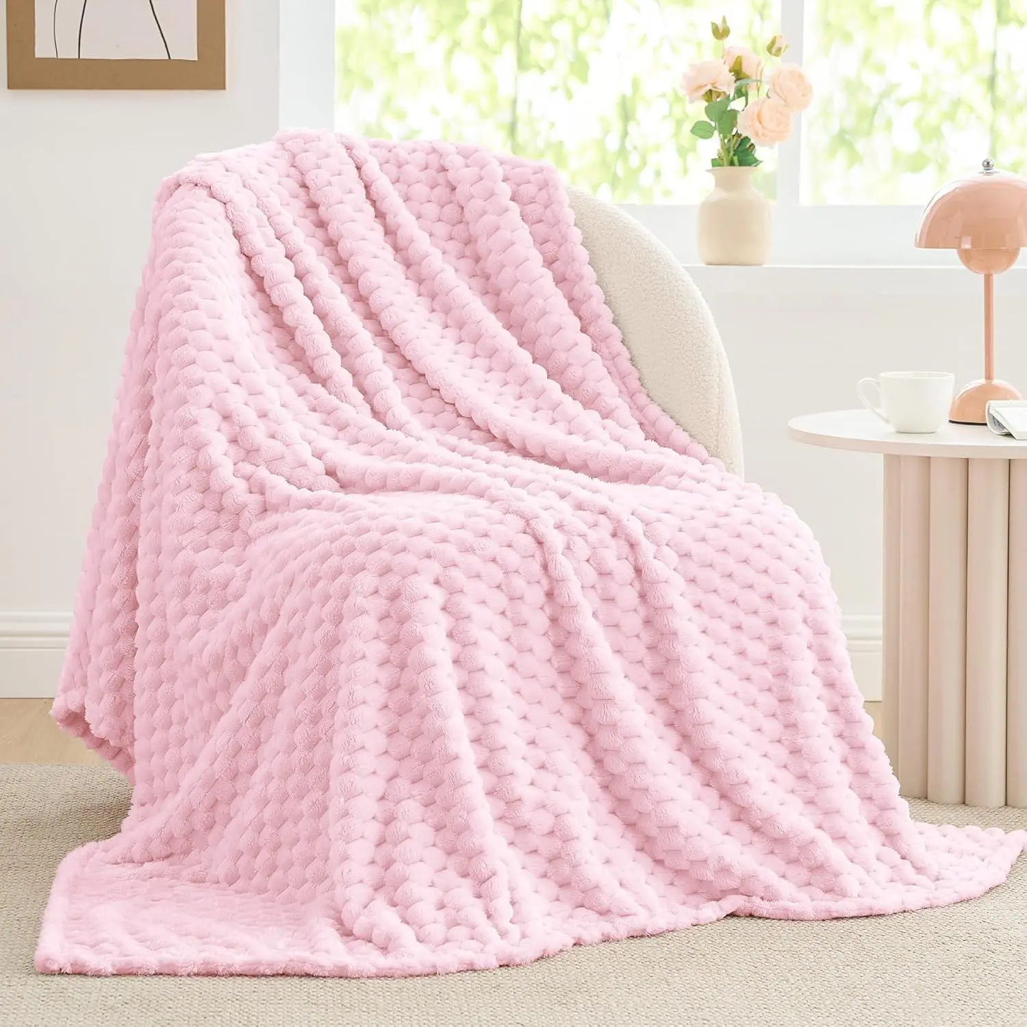 Fleece Blanket - 3D Jacquard Decorative Cherry Blossom Twin Blankets for Couch & Bed, Soft and Cozy Warm Plush Fluffy Blanket All Seasons Suitable, 60x80Inches