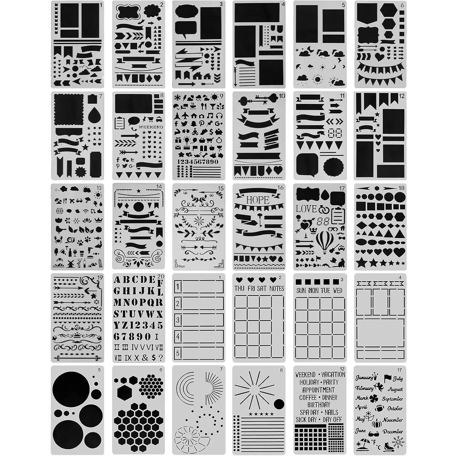30 count Journal Stencils, Planner Stencils for Junk Journal Notebook Diary Scrapbook DIY Drawing Template Journal Stencil 4x7 In