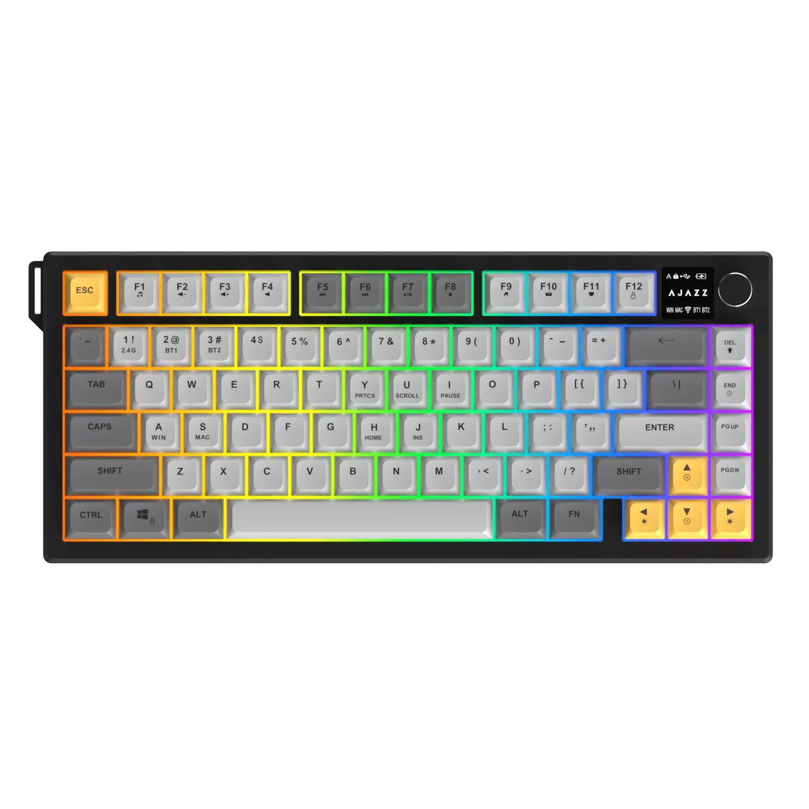 AJAZZ AF82 Wireless Film Keyboard 82 Key Computer Office Keyboard Multimedia HD Screen Volume Adjustment Knob 4000mA Battery the third mock examination 2.4G+Wired+BT RGB DIY Compatible Multi System for E-sports Games and Office