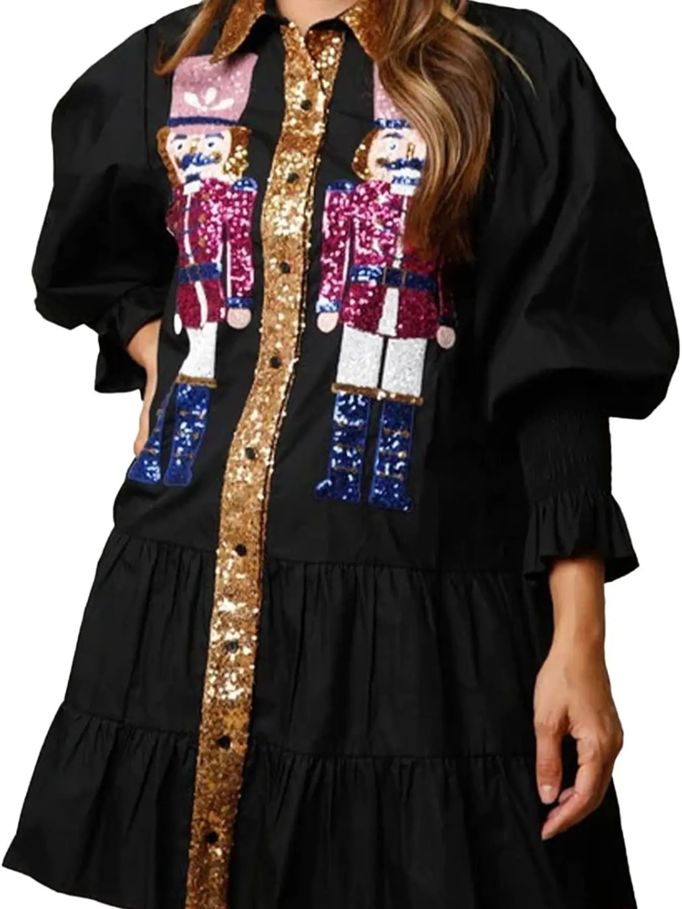 Nutcracker Sequin Dress, Ultimate Christmas Party, Glittering Sequins + Gold Trim, Perfect for Holiday Events, Festive Fashion