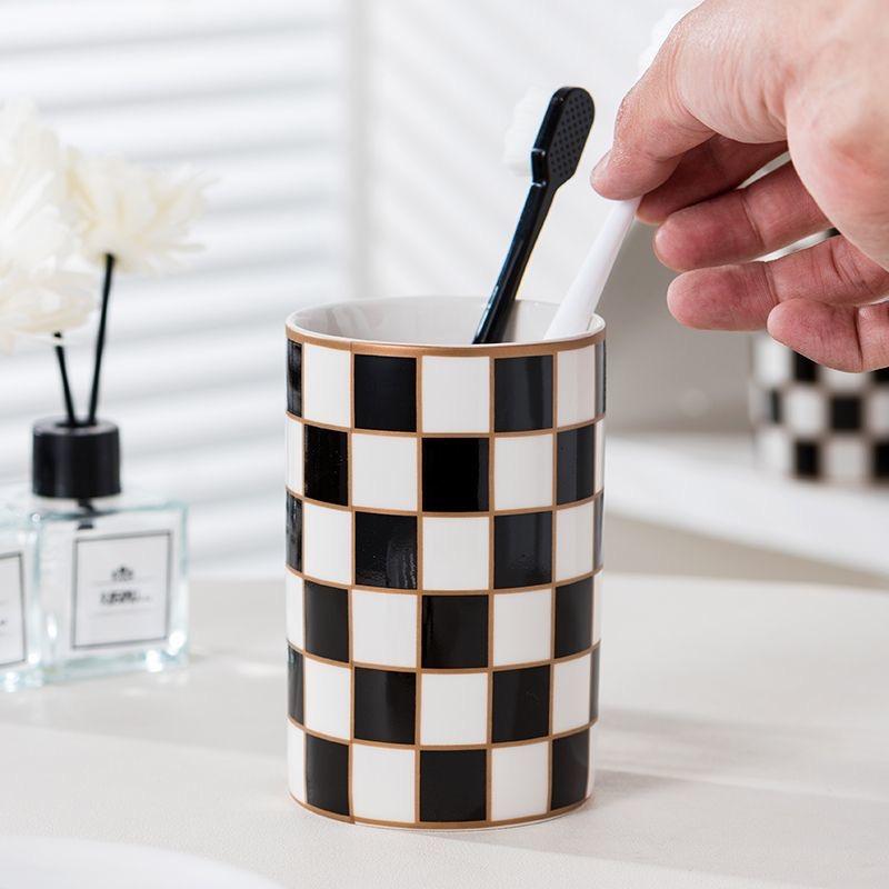 Modern Black White Ceramic Toothbrush Holder Grid Bathroom Vanity Organizer for Countertop Storage Decorative Shower Bathroom Essentials