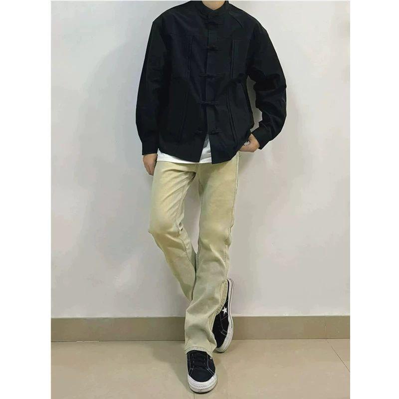 Chinese-Style Men's Wear, Mandarin Collar Tang Suit Shirt for Men, Long-Sleeved Autumn Premium Design with a Roguish Charm Top