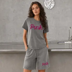 Women’s 100% Cotton Minimalist Letter Graphic Washed Tee & Loose Bermuda Shorts Set, Relaxed Two-Piece Outfit With Elastic Drawstring Waist, Trendy Casual Style