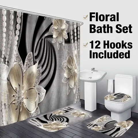 Floral Pattern Shower Curtain Set for Bathroom with 12pcs Hooks, Toilet Mat, Bathroom Mat, Toilet Lid Cover, Bathroom Decor Supplies, Shower Essentials, Decorative Shower Curtain