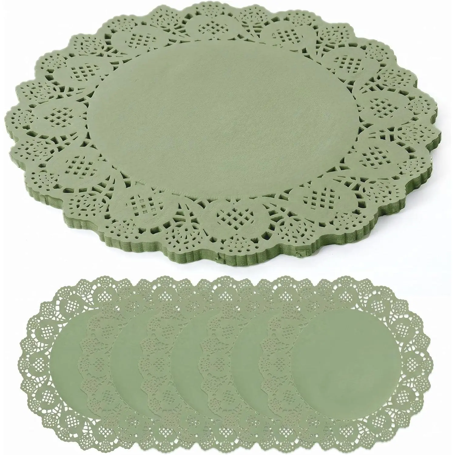 100 Pack 13.5 Inch Round Sage Green Paper Doilies, Disposable Lace Placemat | Rustic Scallop Doily Table Pads, Heavy-Duty Paper Place Mats for Cakes, Crafts, Parties, Weddings, Buffet, Home Decor