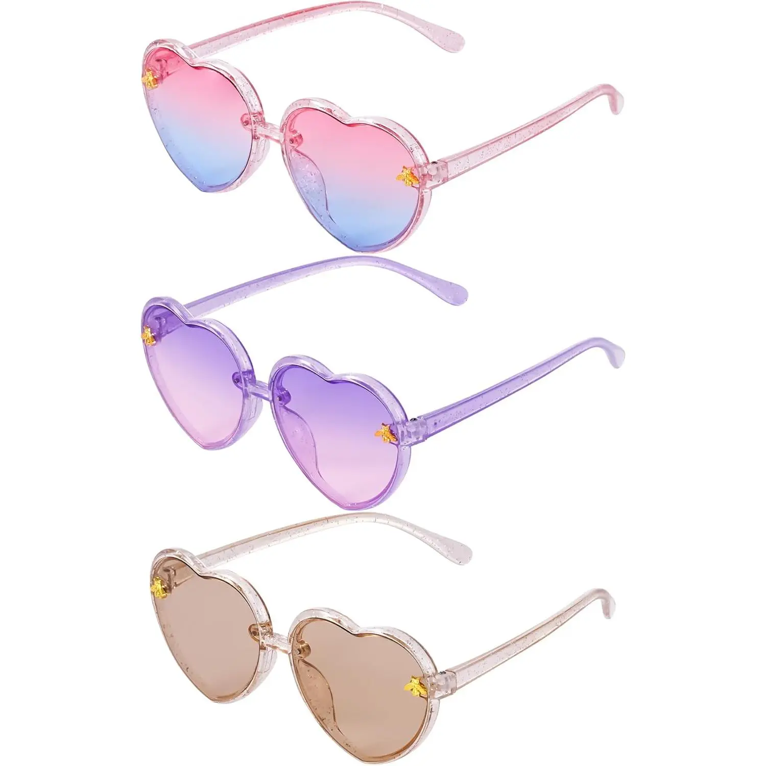 Girls' Heart Shaped Sunglasses, 3-Piece Set with Cute Plastic Bee Accent for Kids Ages 3-10, Outdoor Beach Style, 3 - 4 Years