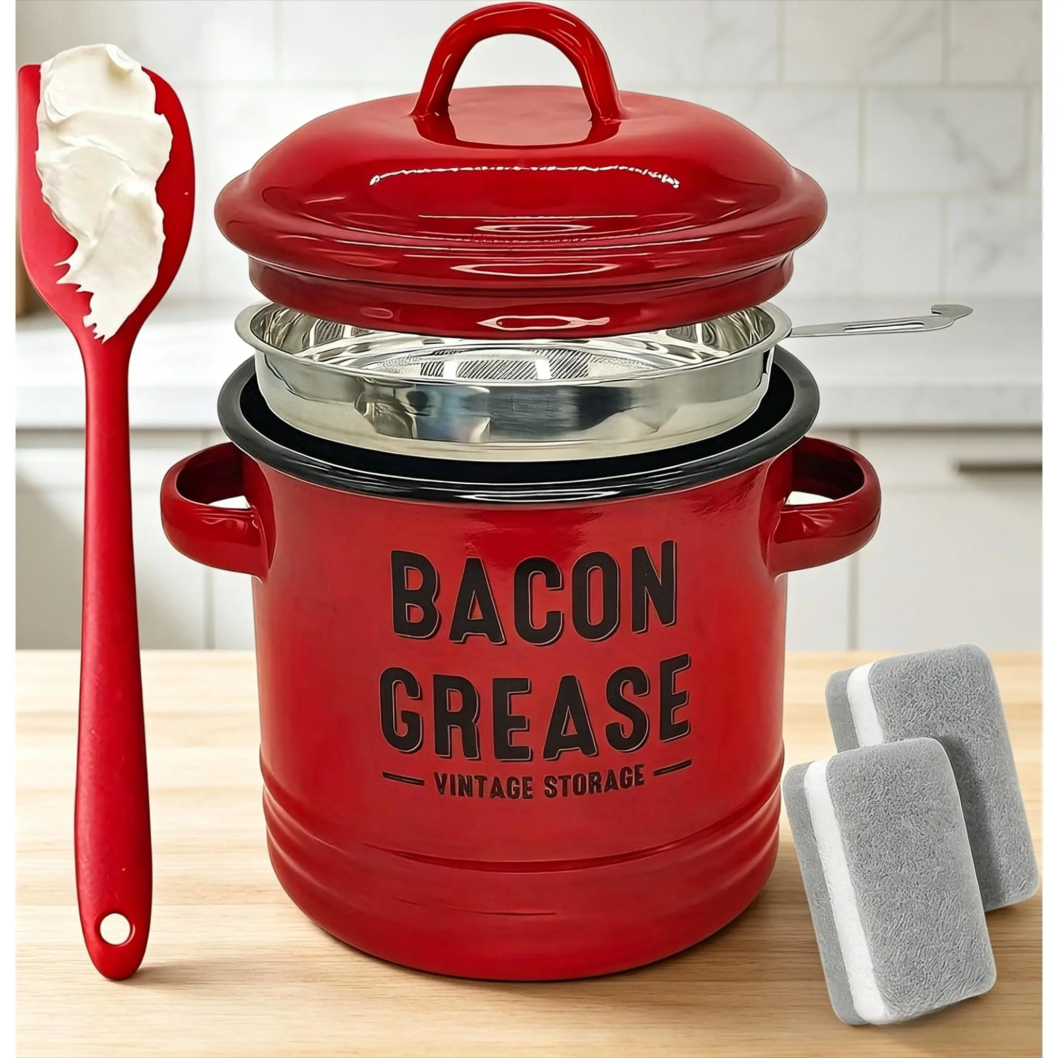 Large Enamel Rustic Farmhouse Bacon Grease Container with Stainless Steel Strainer, Lid, Food-Grade Silicone Utensils - Heat-Resistant Cooking Oil Dispenser for Holidays, Outdoors, Indoor Kitchen Use