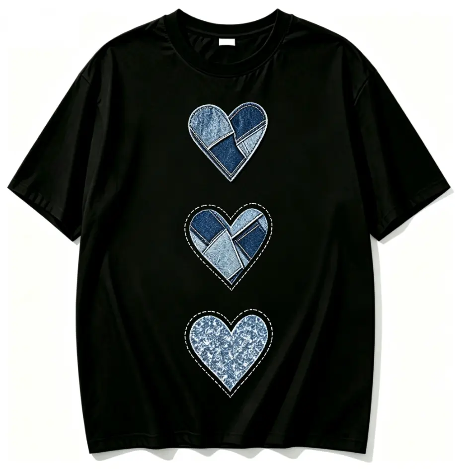 100% Cotton Faux Denim Patch Three Vertical Hearts Stitch Line Graphic T Shirt Vintage Jean Patchwork Heart Print Soft Breathable Cotton Short Sleeve Casual Aesthetic White Top For Women