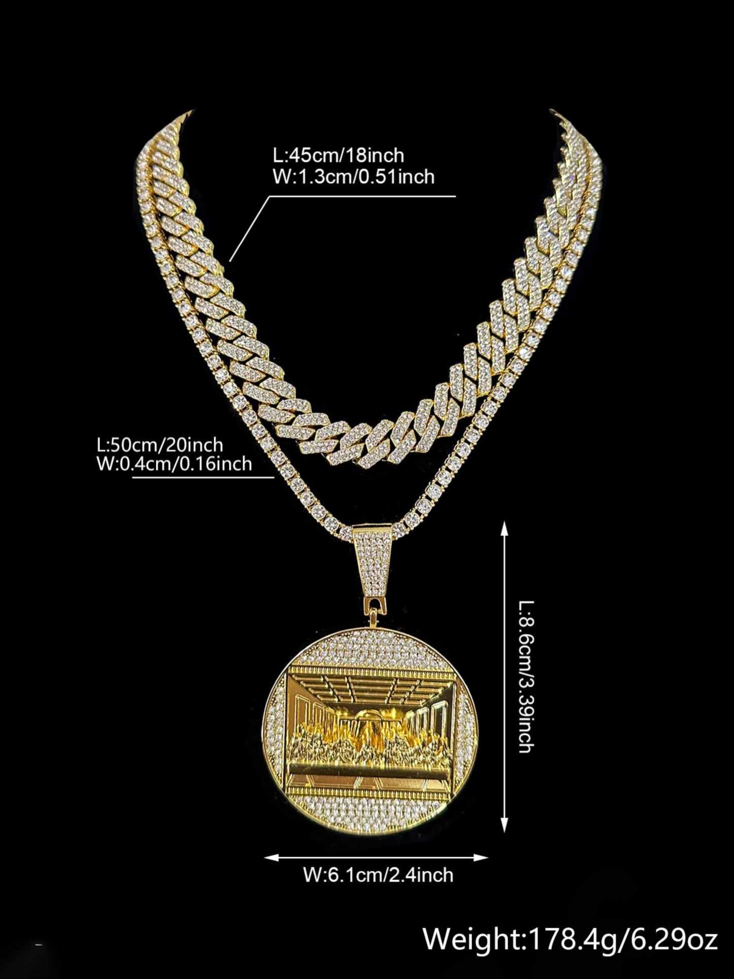 2Pcs/3Pcs Hip Hop Last Supper Pendant Big Jesus Iced Out Golden Cuban Link Design Charm Necklace Fashion for Men Gift for My Men Hip Hop Accessory