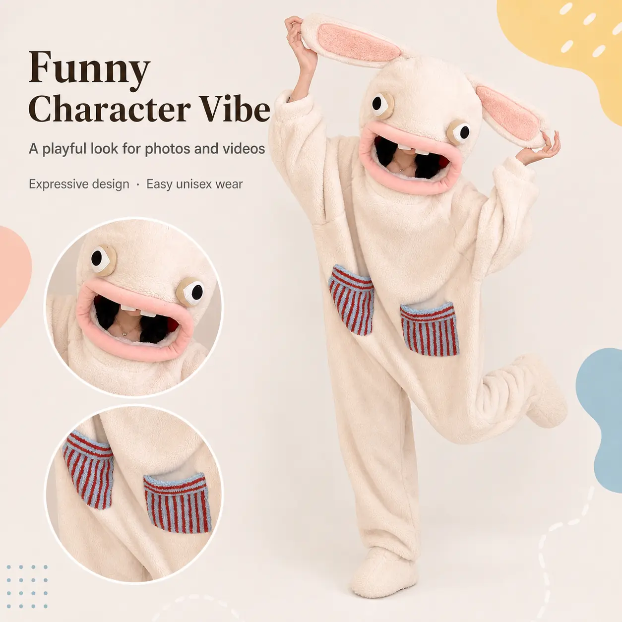 Unisex Cute Monster Rabbit Fluffy Onesie Pajamas, Fully Hooded Animal Costume Jumpsuit with Foot Covers
