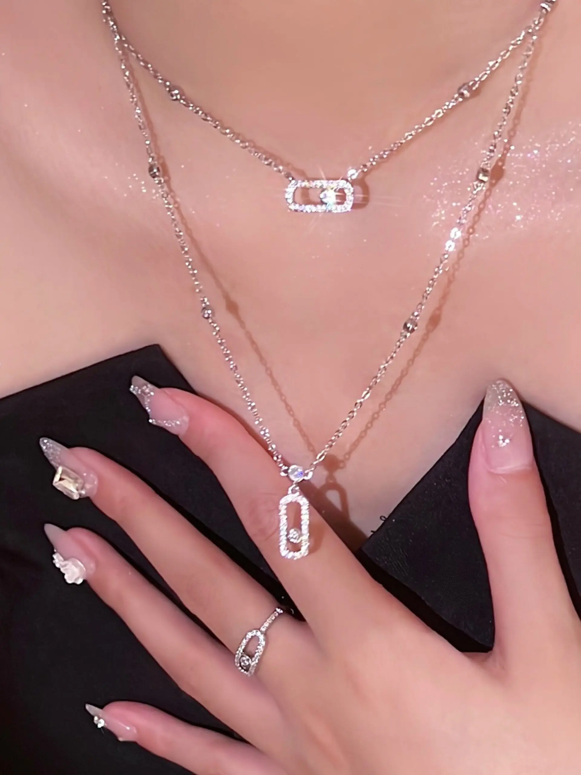 1 pcs Dainty Shiny Cubic Zircon Paperclip Double Layer Neck Chain For Ladies Silver Tone Delicate Chain Design Versatile Outfit Neck Accessory