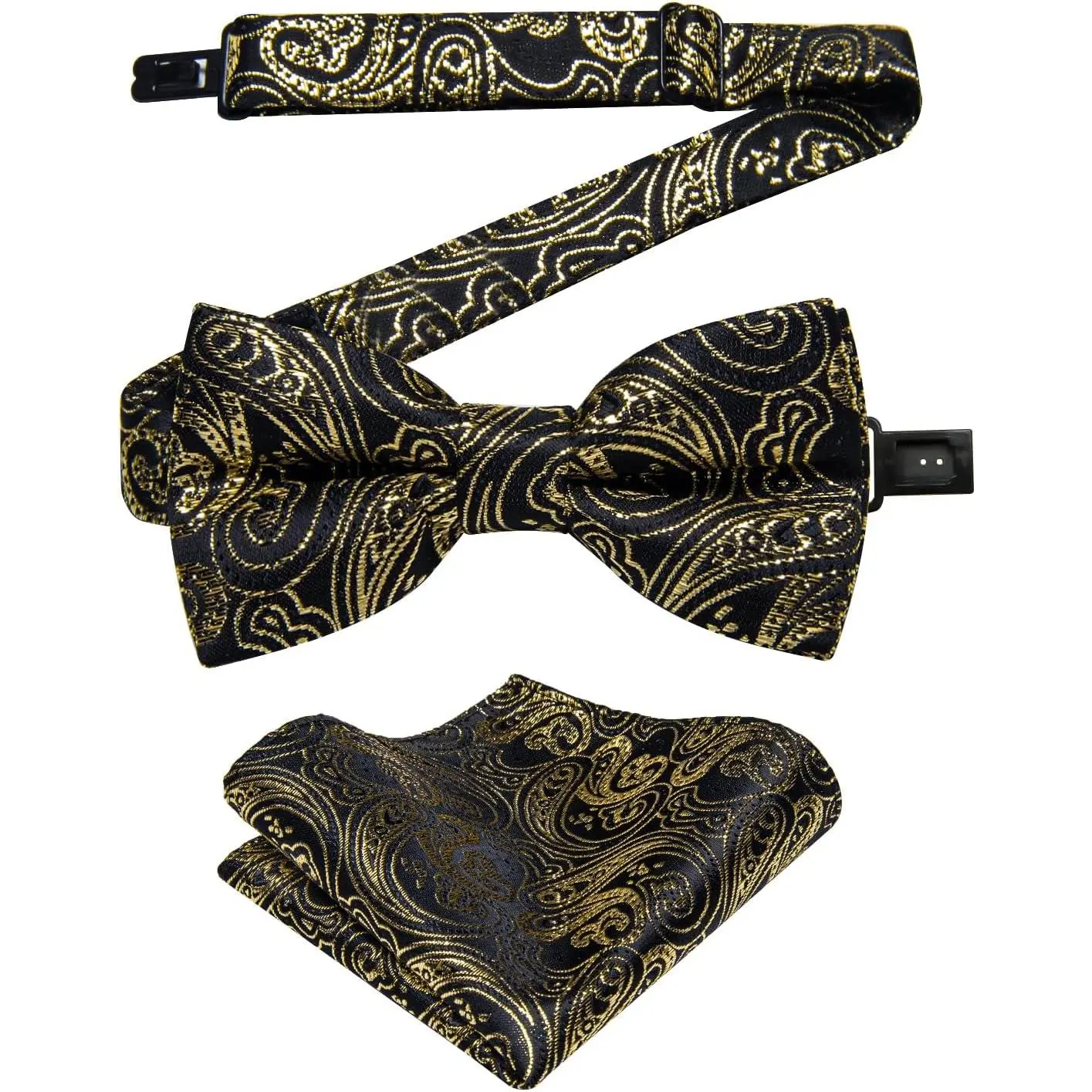 Boys' Bow Tie & Pocket Square Set, Classic Black and Gold Pre-Tied Fabric Design, Boys' Size for Toddler Wedding & Classic Tuxedo, Fabric Bowtie, Wedding Party, All Seasons, Traditional Wedding Style Bow Tie Sets