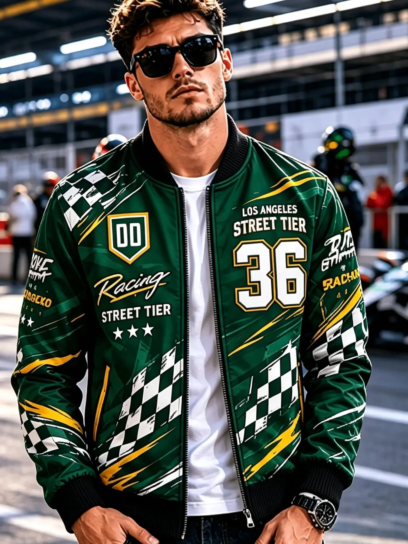 Men's Racing Zipper Pilot Jacket, Size 36, Letter Plaid Flag Print Stand Collar Motorcycle Coat, Vintage Street Casual Spring Fall Outerwear