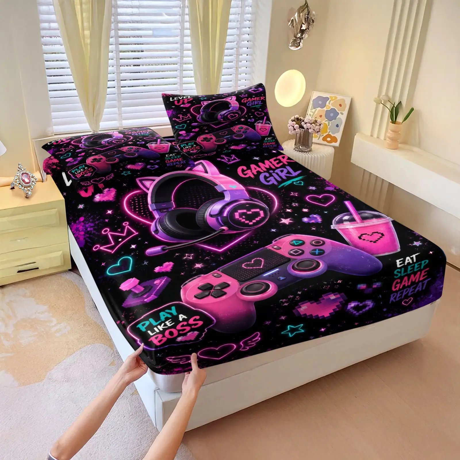 Neon Gaming Controller Pattern Fitted Sheet Set, 3Pcs Video Game Themed Bedding Set, Deep Pocket Mattress Cover, Neon Aesthetic Bedroom Decor, All Seasons. 2 Pillowcase, No Filling