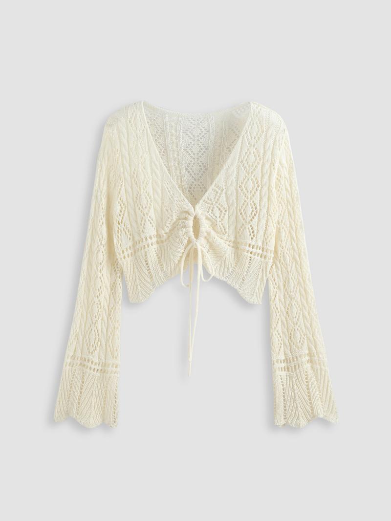 Cider [4 colors, size 2-26] Solid Crochet Tie Front Deep V Neck Crop Top Curve & Plus