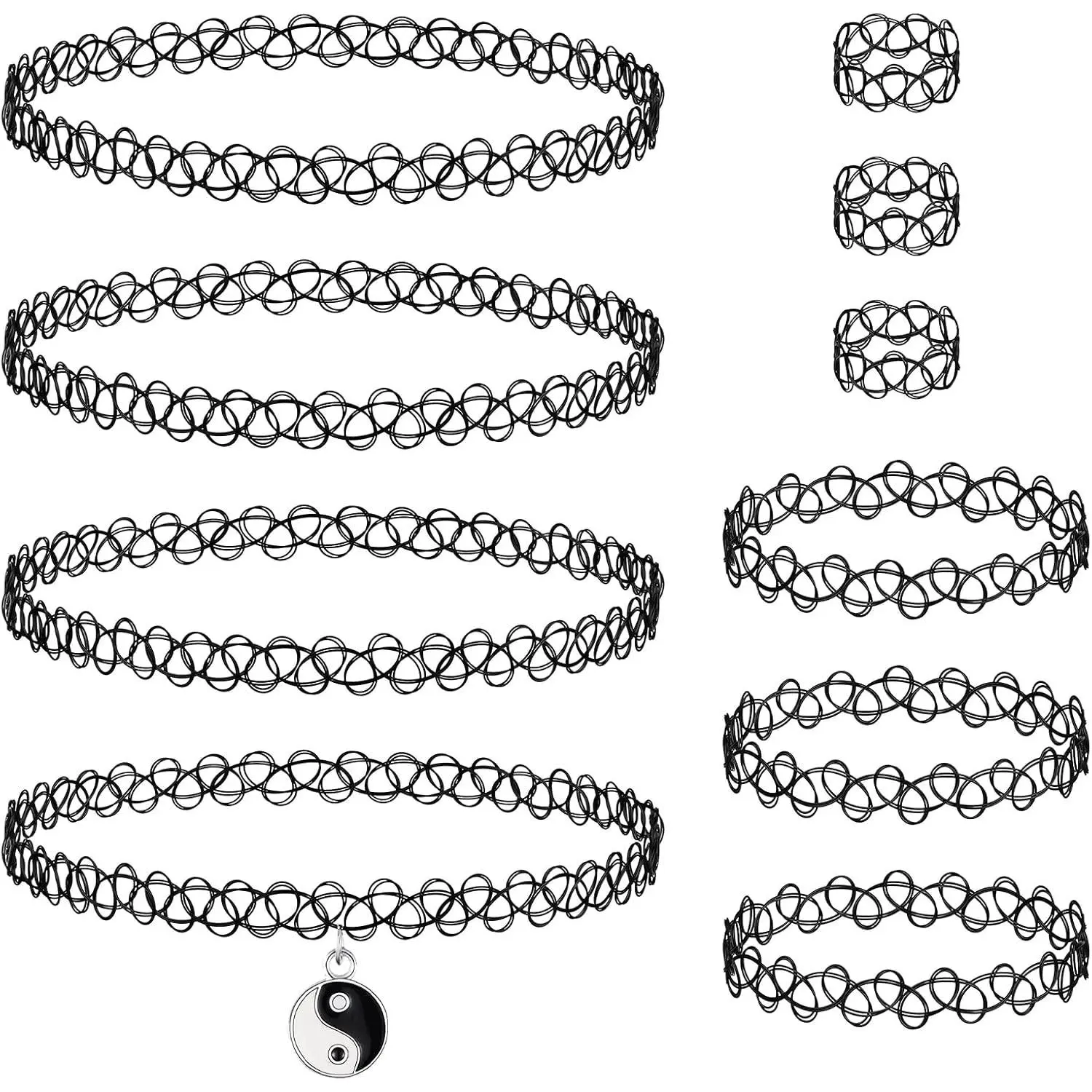 10 count 90s  Choker Necklace Bracelet Women, Retro Y2K Emo Accessories ﻿ | Black Stretch, Grunge, Alternative, Gothic, 10 count, Yin Yang