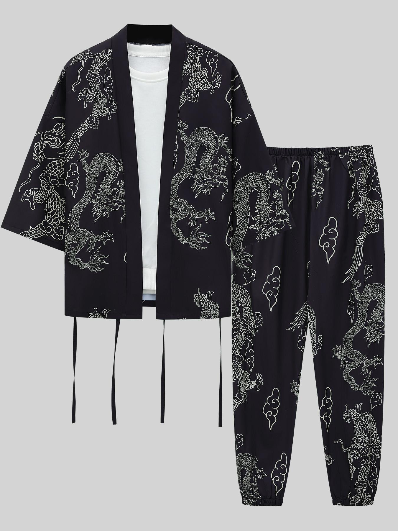 Men's Loong Print Lounge Set, Casual Comfy  Long Sleeve Top & Pants Loungewear Set, Men Sleepwear Pajama for All Seasons