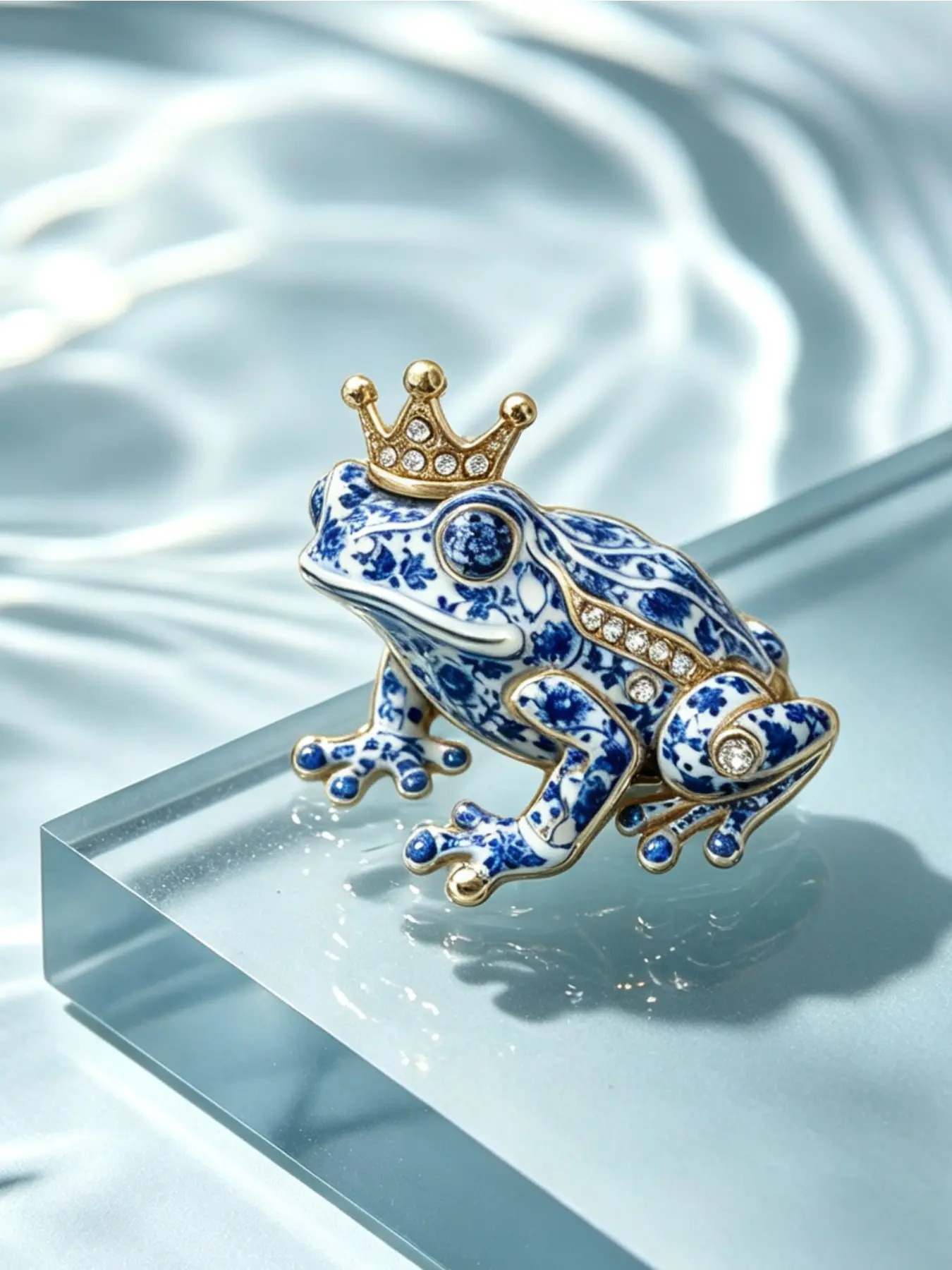 Blue And White Porcelain Crown Frog Brooch, Rhinestone Prince Frog Floral Lapel Pin Badge Accessory For Dress Coat Scarf,Vintage Oriental Women Jewelry Gift