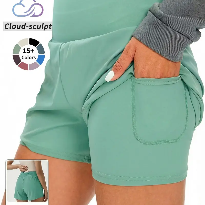 Women's Cloud-Sculpt 2-in-1 Pocket High-Waist Sports Shorts, Casual Comfy High-Stretch Bottoms for Yoga, Gym, Workout & Running, Ladies Summer Sportswear, Athleisure Shorts, Stretchy Shorts